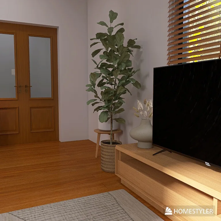 観葉植物で高さを出したテレビボードまわりの3Dパース